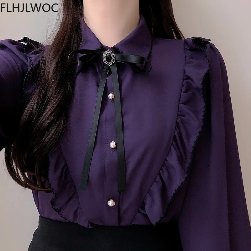 Women's Ruffles Cute Bow Tie Tops Preppy Style Vintage Japanese Korea Design Button Elegant Formal White Shirts Blouses