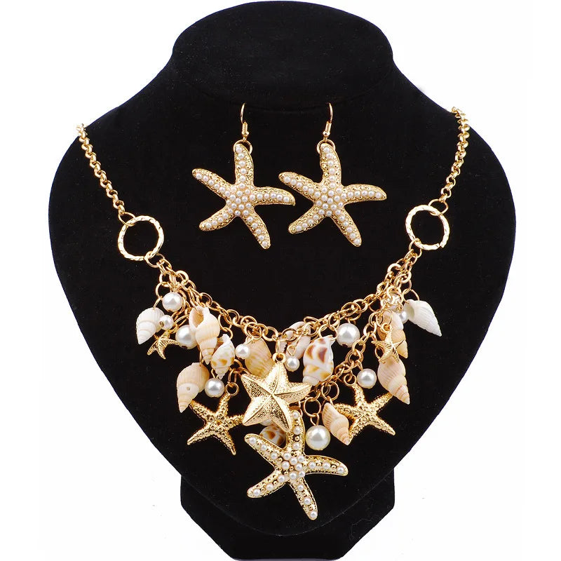 Best Selling Starfish Jewellery sets Charms Imitation Pearl Shell Necklace earrings Boho Gold Color Bracelet Beach Jewelry Set