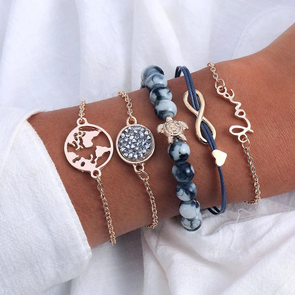 IPARAM Women's Vintage Multilayer Bracelet Set Bohemian Charm Heart Lotus Bracelet Charm Geometric Crystal Beaded Fashion