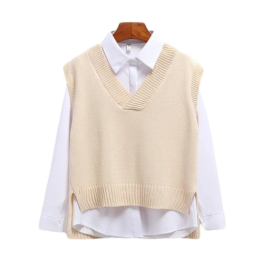 Women Sweater Vest V-neck Knitted Top 2024 New Korean Fashion Knitwear Spring Autumn Jumper Female Solid Sleeveless Pullover