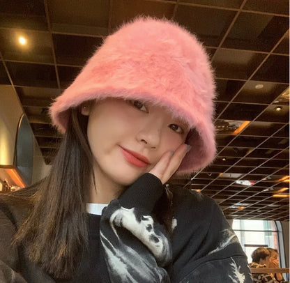 2020 Hat winter women's fashion Solid color rabbit fur hat bucket cap  fisherman's hat retro knitted wool basin Bucket Hat