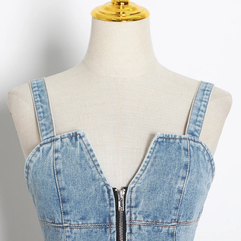 TWOTWINSTYLE Sexy Patchwork Denim Women Tops Square Collar Sleeveless Spaghetti Strap Tunic Mesh Ruffles Hit Color Vests Female