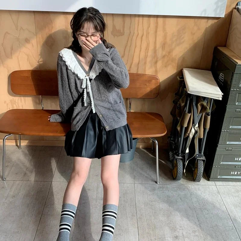 Cardigan Women All-match V-Neck Lace Patchwork Sweater Spring Fall Gray Kawaii Retro Tender Knitted Simple Design Outerwear