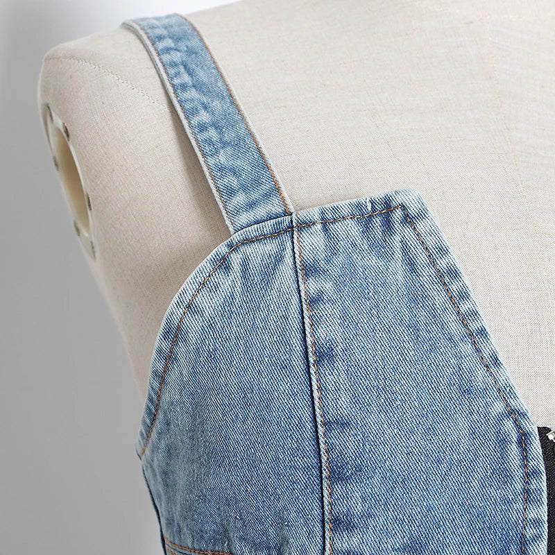 TWOTWINSTYLE Sexy Patchwork Denim Women Tops Square Collar Sleeveless Spaghetti Strap Tunic Mesh Ruffles Hit Color Vests Female