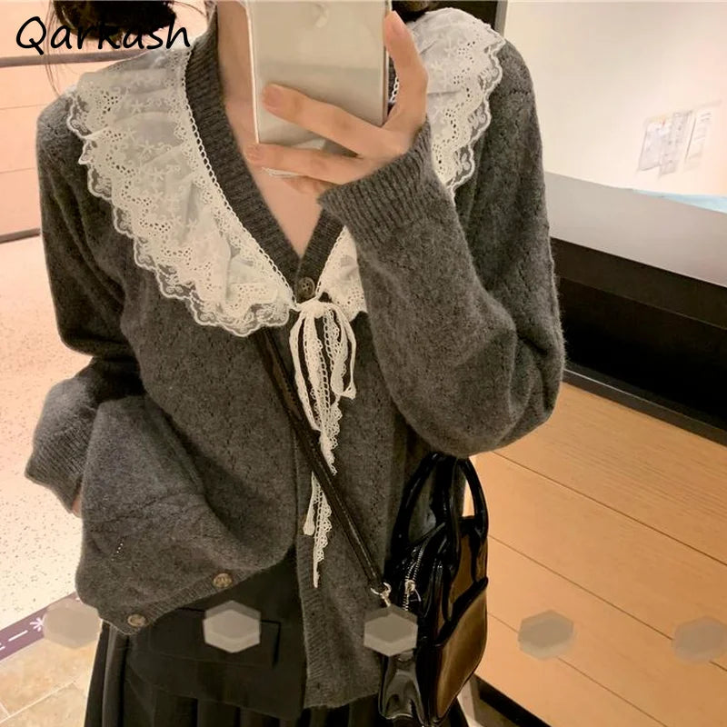 Cardigan Women All-match V-Neck Lace Patchwork Sweater Spring Fall Gray Kawaii Retro Tender Knitted Simple Design Outerwear