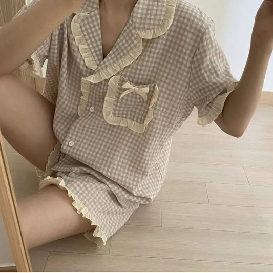 Korean Pajama for Women Summer Loungewear Sleepwear Sets Girls Sweet Plaid Lapel Pyjama Kawaii Ruffle Pijama Japanese Home Suit