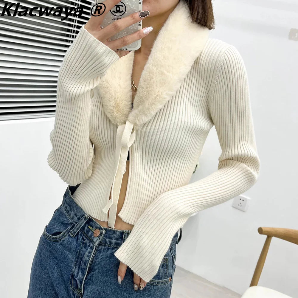 Klacwaya Cardigans For Women 2021 Vintage Faux Fur Effect Fur Collar Knitted Sweater Long Sleeve Top Blue Sweater Knit Cardigan