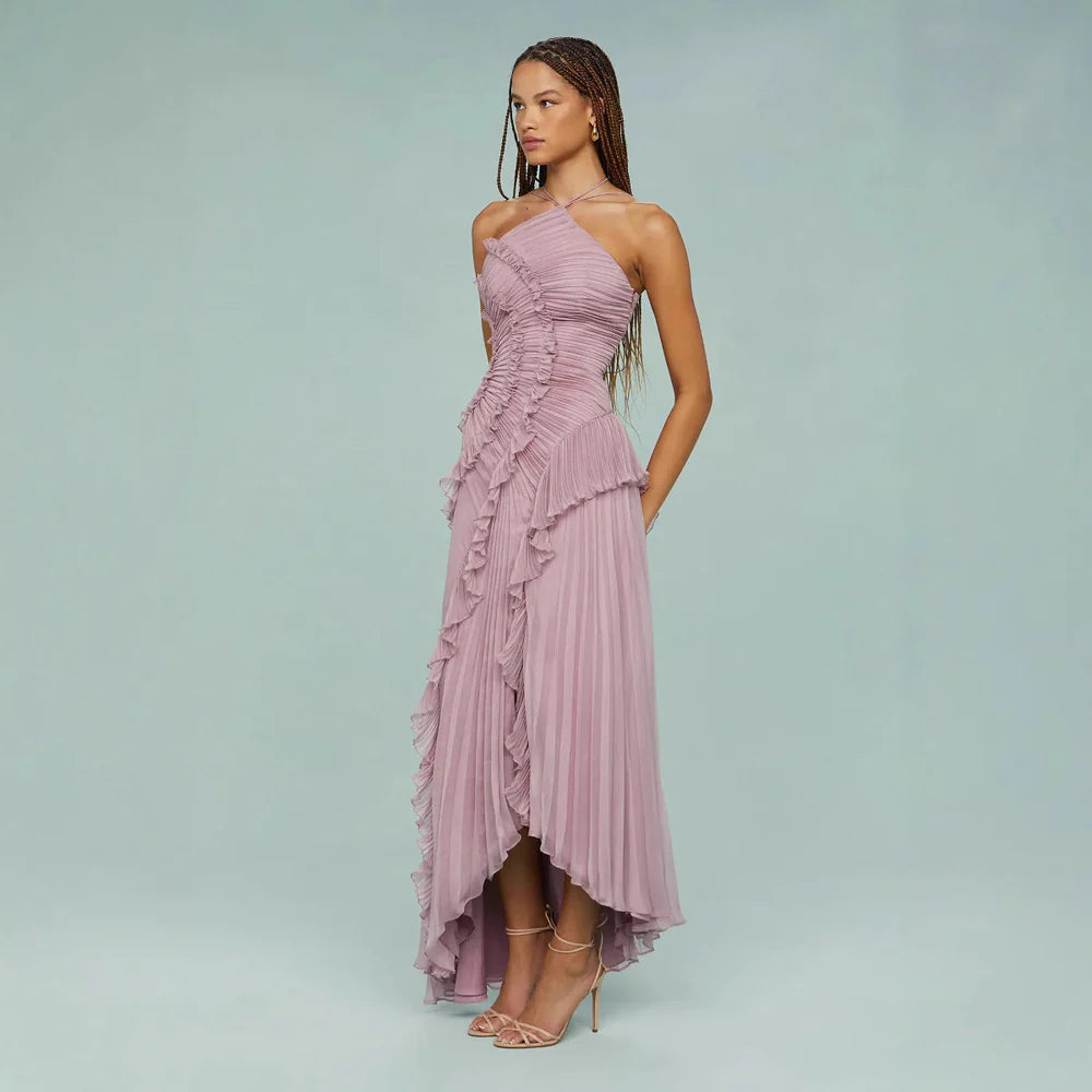 Chic pleated halter neck Lotus Edge Maxi Dress