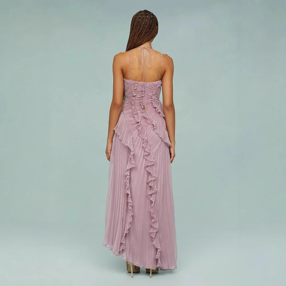 Chic pleated halter neck Lotus Edge Maxi Dress