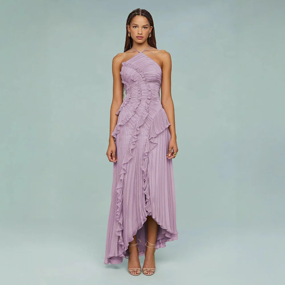 Chic pleated halter neck Lotus Edge Maxi Dress