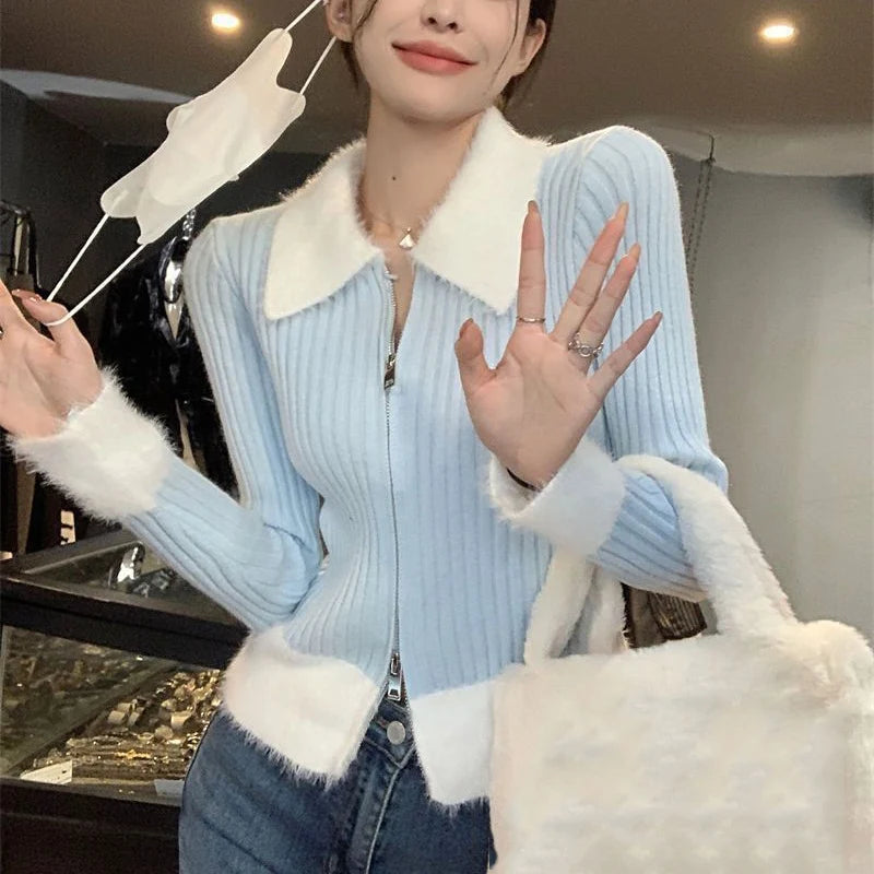Rimocy Patchwork Turn Down Collar Cardigan Women Korean Fashion Zipper Up Cardigans Woman Chic Long Sleeve Slim Jumpers Female