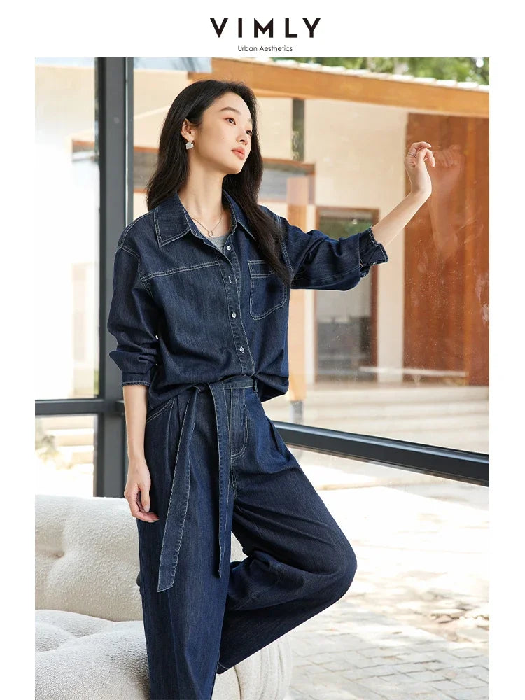 VIMLY Women's Office Lady Denim Pants Set Autumn Lapel Jacket Coat+ Casual Wide Leg Pants WithBelt Simple Loose StreetwearSuits