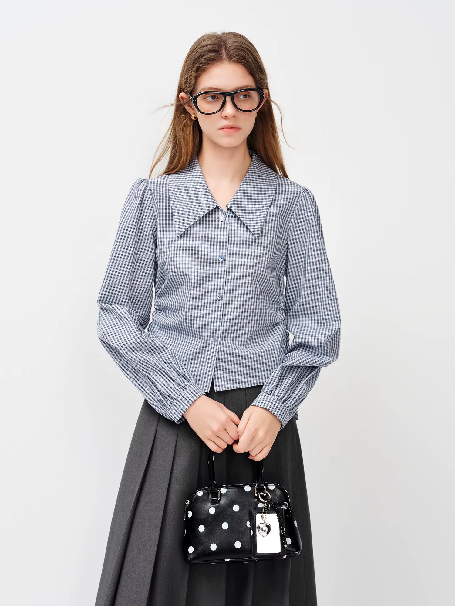 2026 Women Blue White Gingham Shirt Drawstring Waist Short Blouse Soft Cotton Cropped Long Sleeve Top for Coffee Date Style