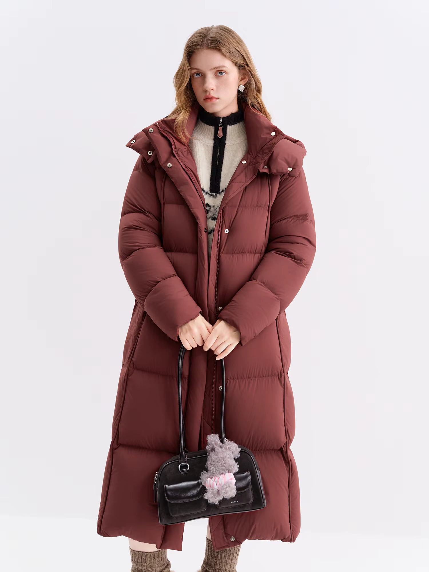 Puff Hooded Color Matching Knee-length Down Jacket Women's Winter 2025 New Cold-proof Warm Coats Simple Leisure