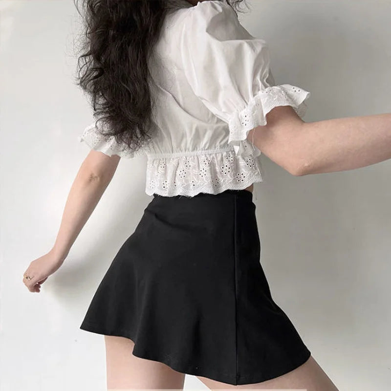 HOUZHOU Ruffle White Shirt Women Crop Top Sexy Hollow Out Elegant Puff Sleeve V-neck Bow Lace-up Blouses Summer Cute Short Shirt