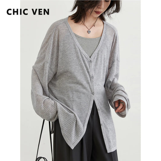 CHIC VEN Women Cardigan New V-neck Long Sleeved Female Shirt Female Jumpers Sun Protection Woman Sweaters Spring Summer 2024