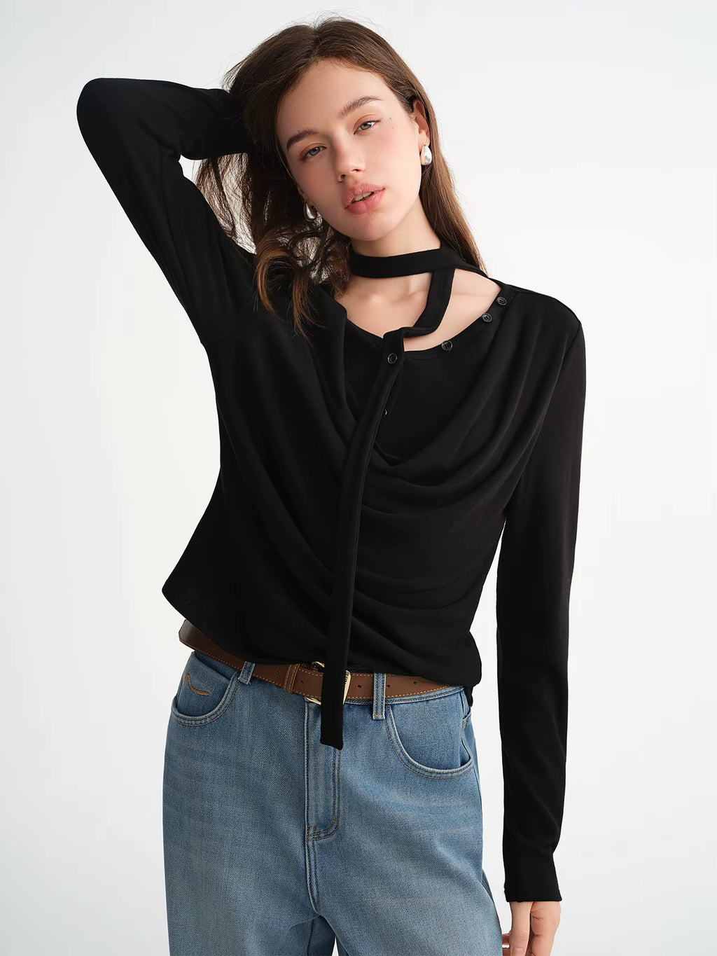 Plus-Size Women Layered Art Long-Sleeve T-Shirt with Floating Ribbon neckline Mock Two-Piece Slimming Top for Curvy Women