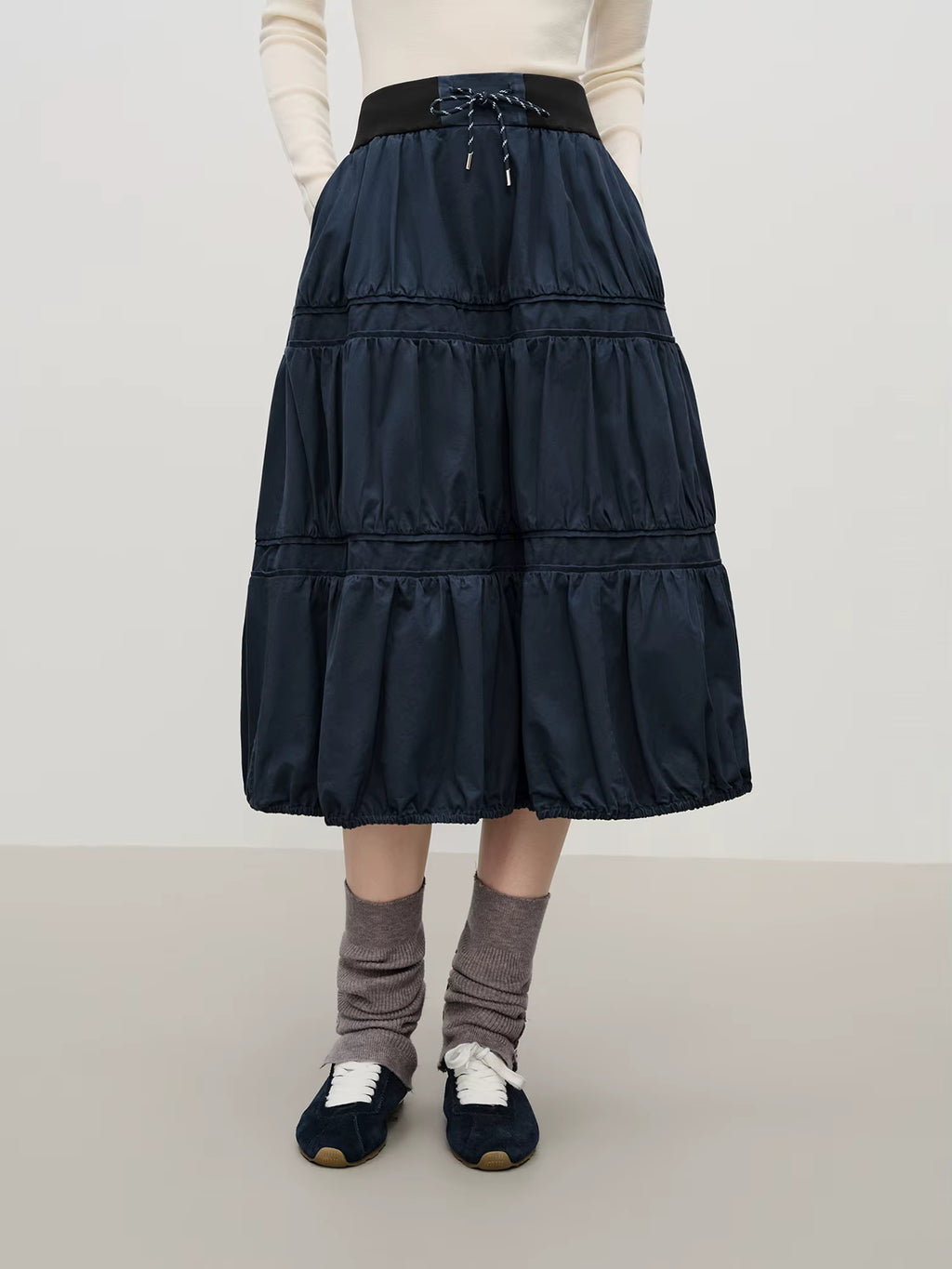 Washed Blue Patchwork Pleated Half Skirt Women's Winter 2025 New Arrival Drawstring Oversized Skirt 100% Cotton Skirts