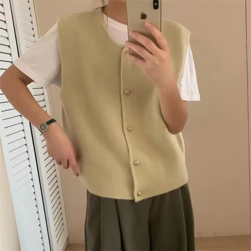 2024 Spring Fall Korean Fashion Round Neck Sweater Vest Solid Color Knitted Tank Top Sleeveless Cardigan Waistcoat Knitwear