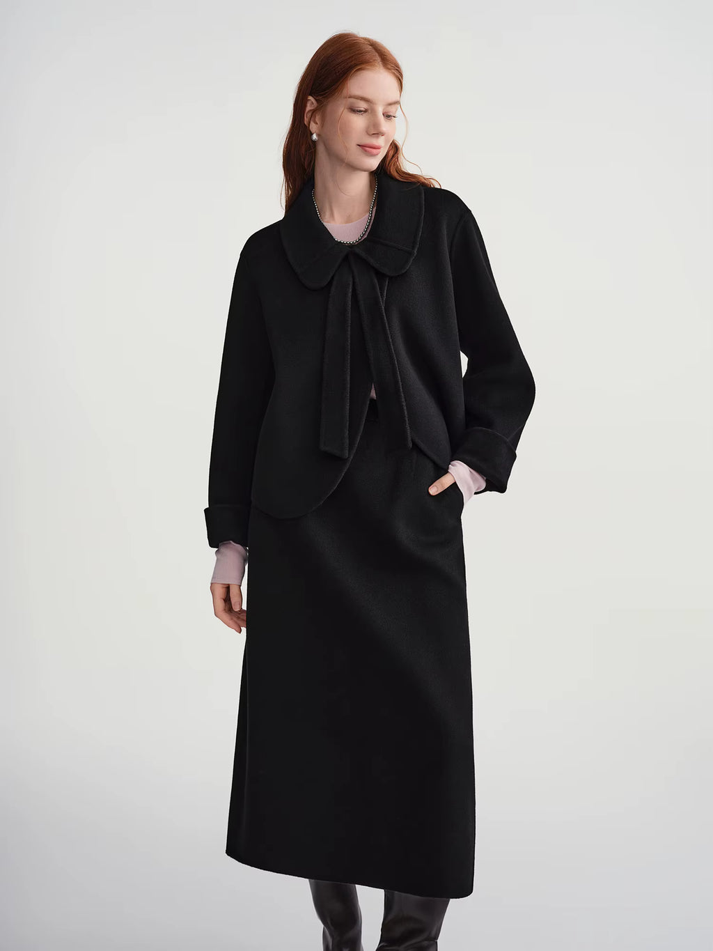 Elegant Sets Women Winter Cropped Black Coats Skirt Suit Peter Pan Collar Woolen Jacket Age-reducing Temperament French