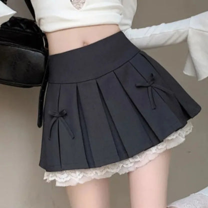 Preppy Style Skirts for Women Mini Pleated Bow Sweet Girls A-line Summer Fashion Clothing High Waist Ins Korean Lace Patchwork