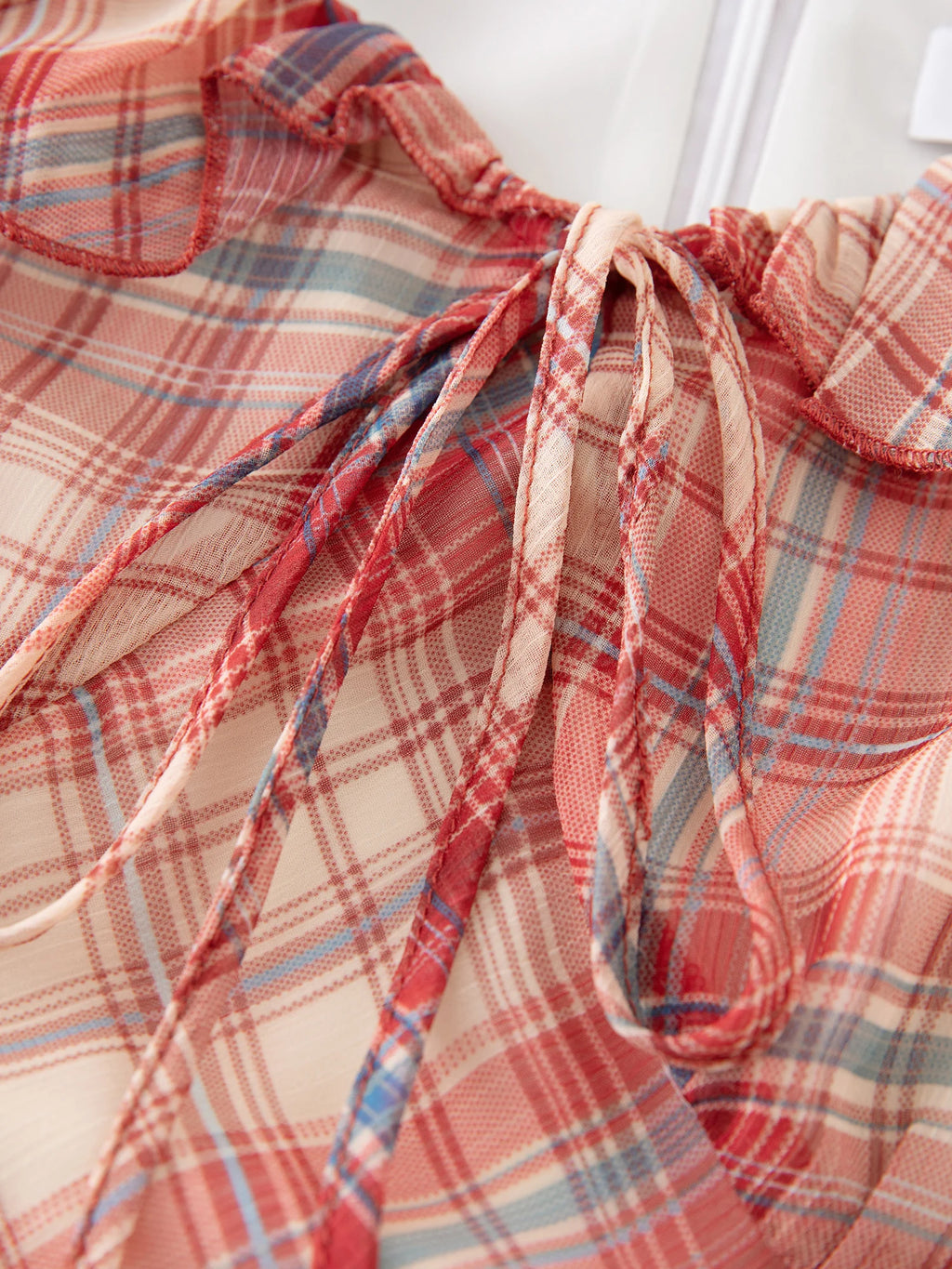 ZIQIAO Petite Red Gingham Chiffon Maxi Dress 2025 Summer Waist-Defining Tropical Resort Day-to-Night Elegance Dress