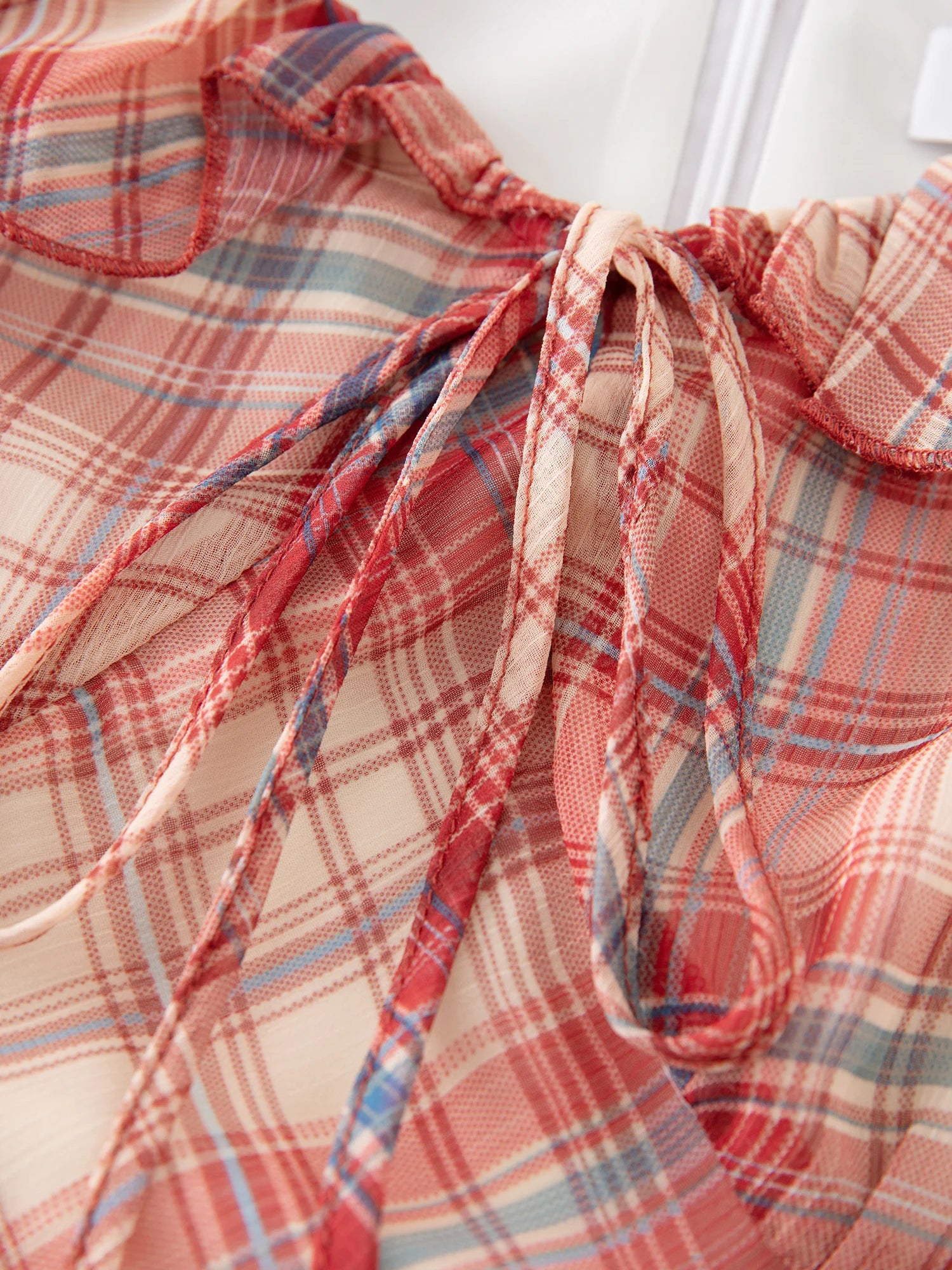 ZIQIAO Petite Red Gingham Chiffon Maxi Dress 2025 Summer Waist-Defining Tropical Resort Day-to-Night Elegance Dress