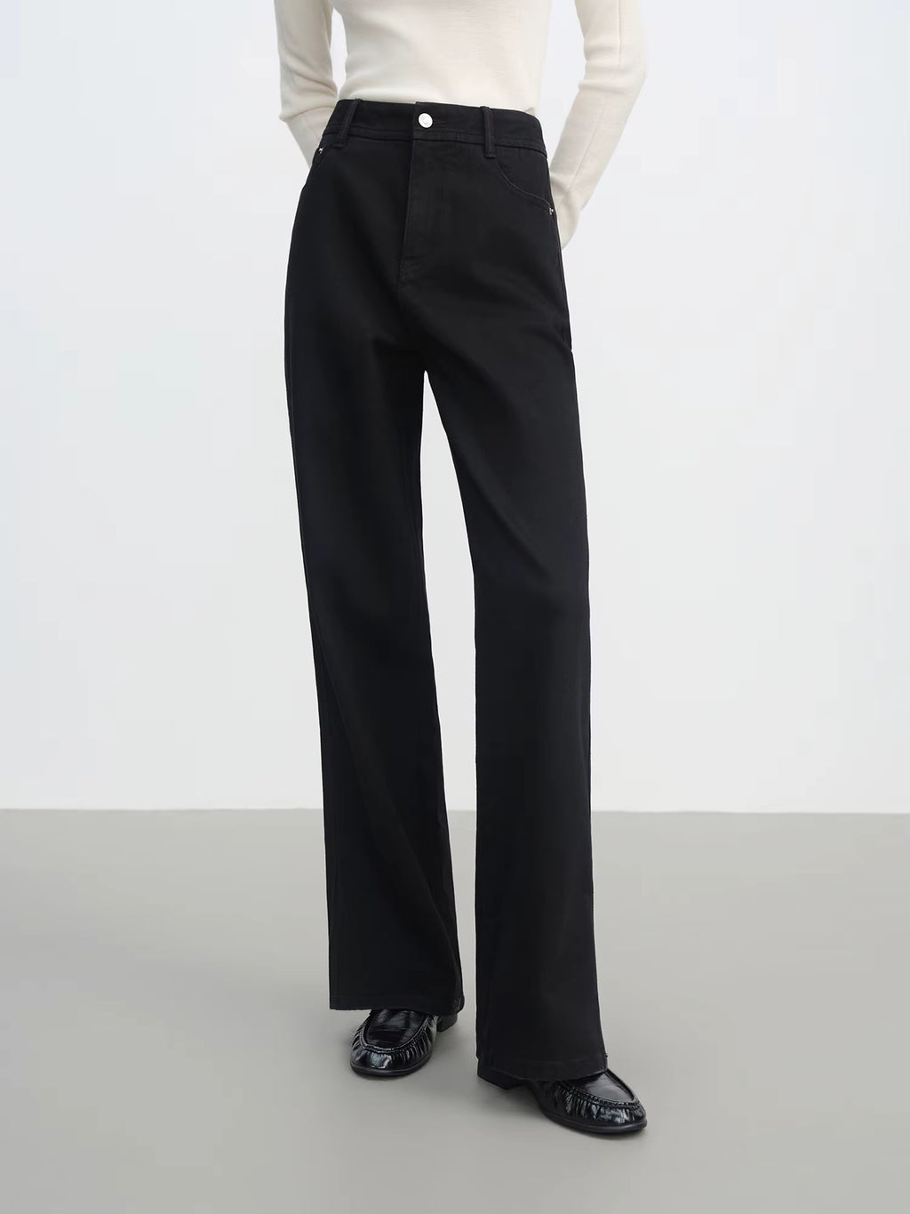 High-Waisted Black Wide-Leg Jeans with Slit Detail, Women's Fashion Casual Stretch Denim Trousers