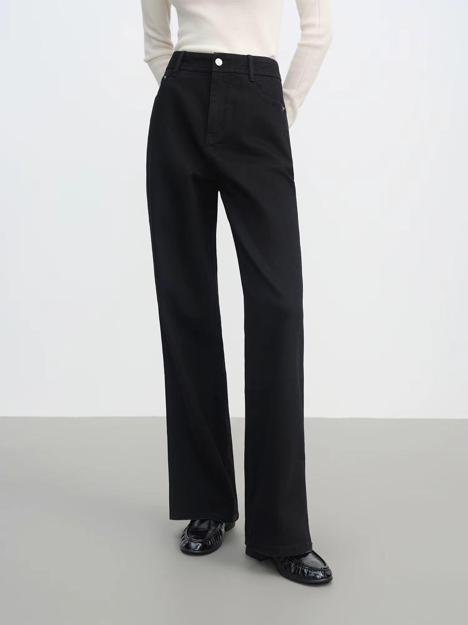 High-Waisted Black Wide-Leg Jeans with Slit Detail, Women's Fashion Casual Stretch Denim Trousers