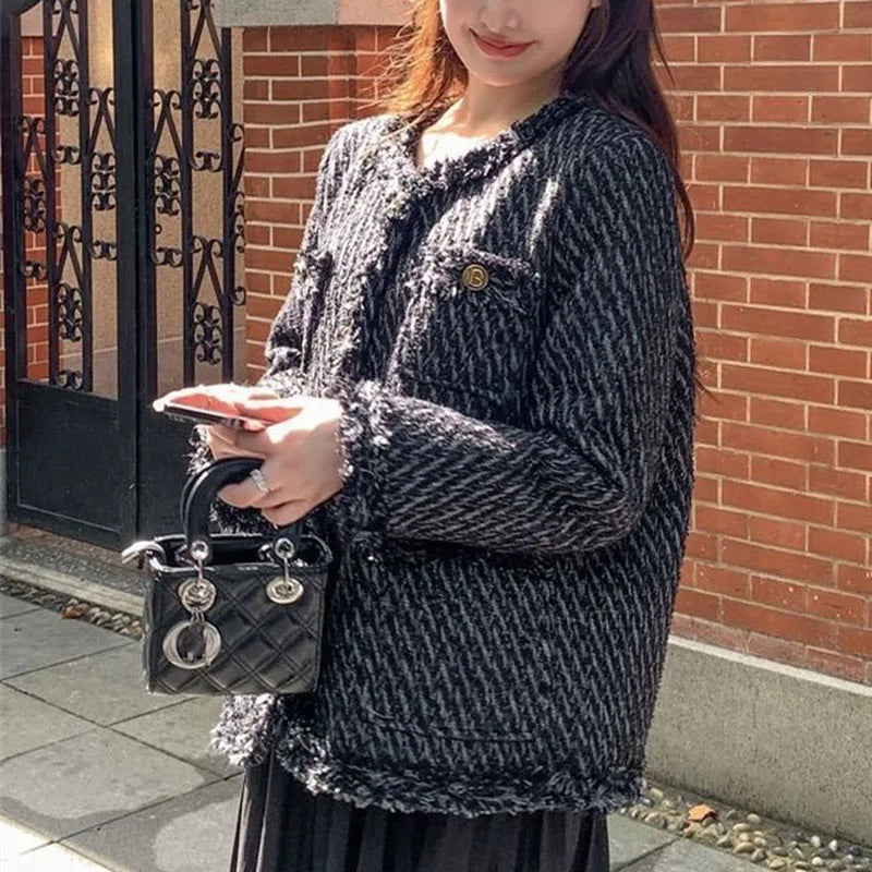Lucyever Temperament Tweed Black Jacket Women Elegant Thicken Single Breasted Outerwear Ladies Korean with Pocket Office Coat