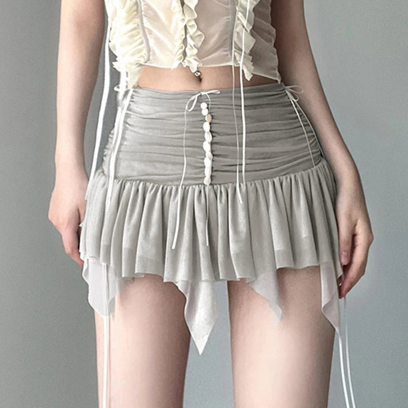Transparent Mesh Mini Skirt Y2k Irregular Low Rise Patchwork Pleated Skirts for Women Vintage 90s Clothing Ladies