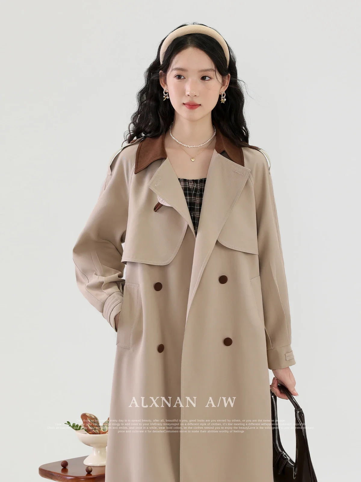 ALXNAN Women Trench Coat 2024 Autumn Winter Korean Style Lapel Collar Adjustable Waist Fashion Casual Coat Female LXN31591