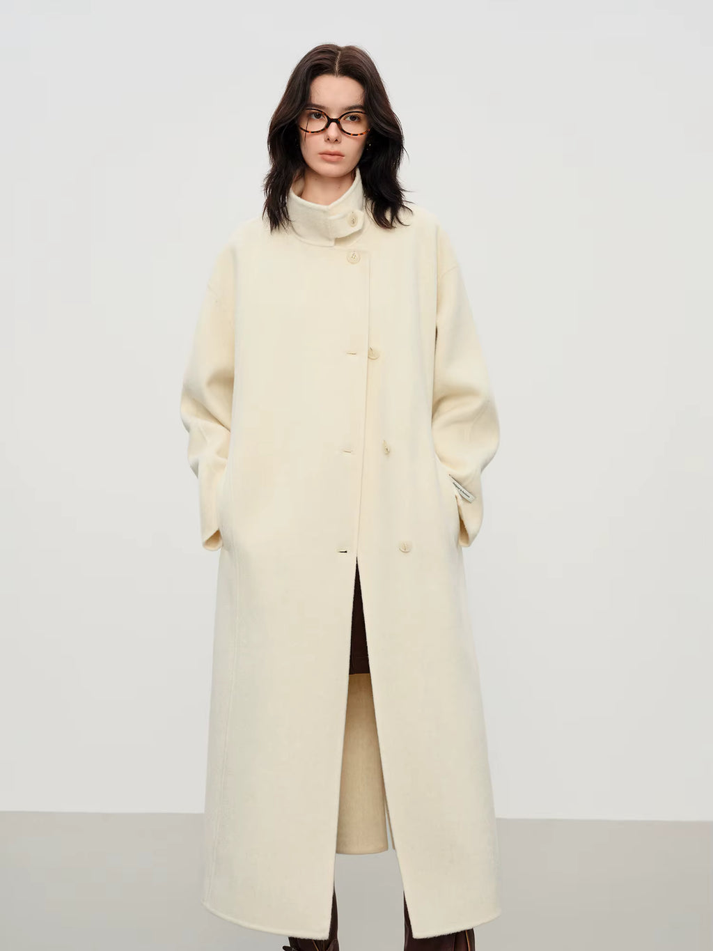 2025 New Women's Elegant Stand Collar 100% Wool Double-Faced Long Coat Diamond-Shaped Tailoring Autumn Winter Outerwear