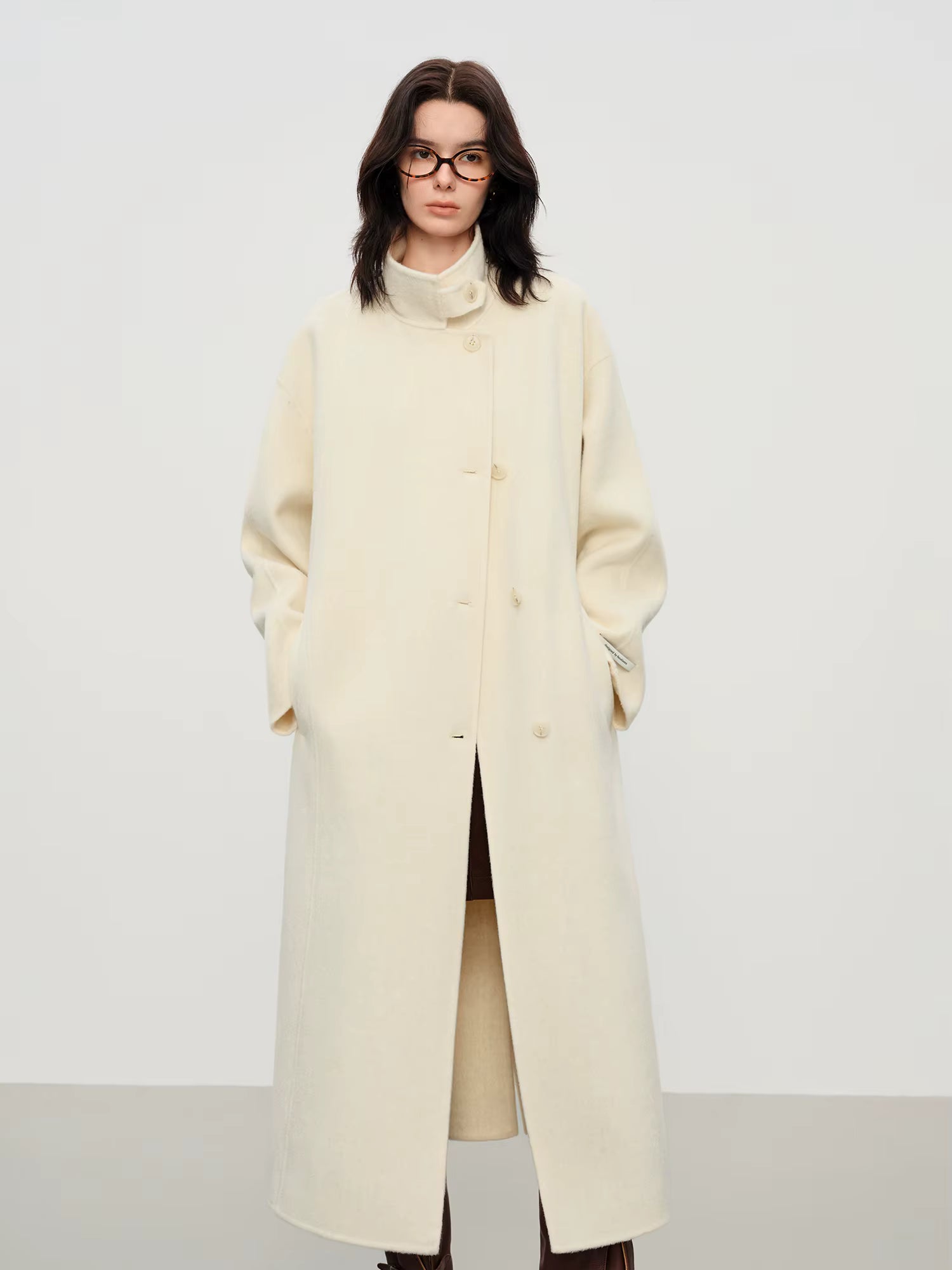 2025 New Women's Elegant Stand Collar 100% Wool Double-Faced Long Coat Diamond-Shaped Tailoring Autumn Winter Outerwear