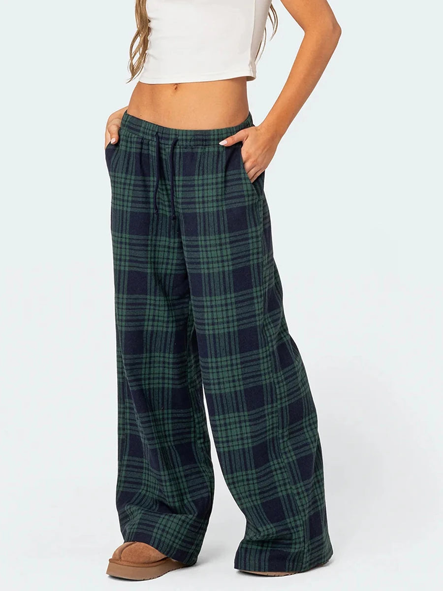 Mxiqqpltky Plaid Pants for Women Casual Pajama Pants Elastic High Waist Slim Wide Leg Cute Pj Pants Pajama Bottoms Loungewear