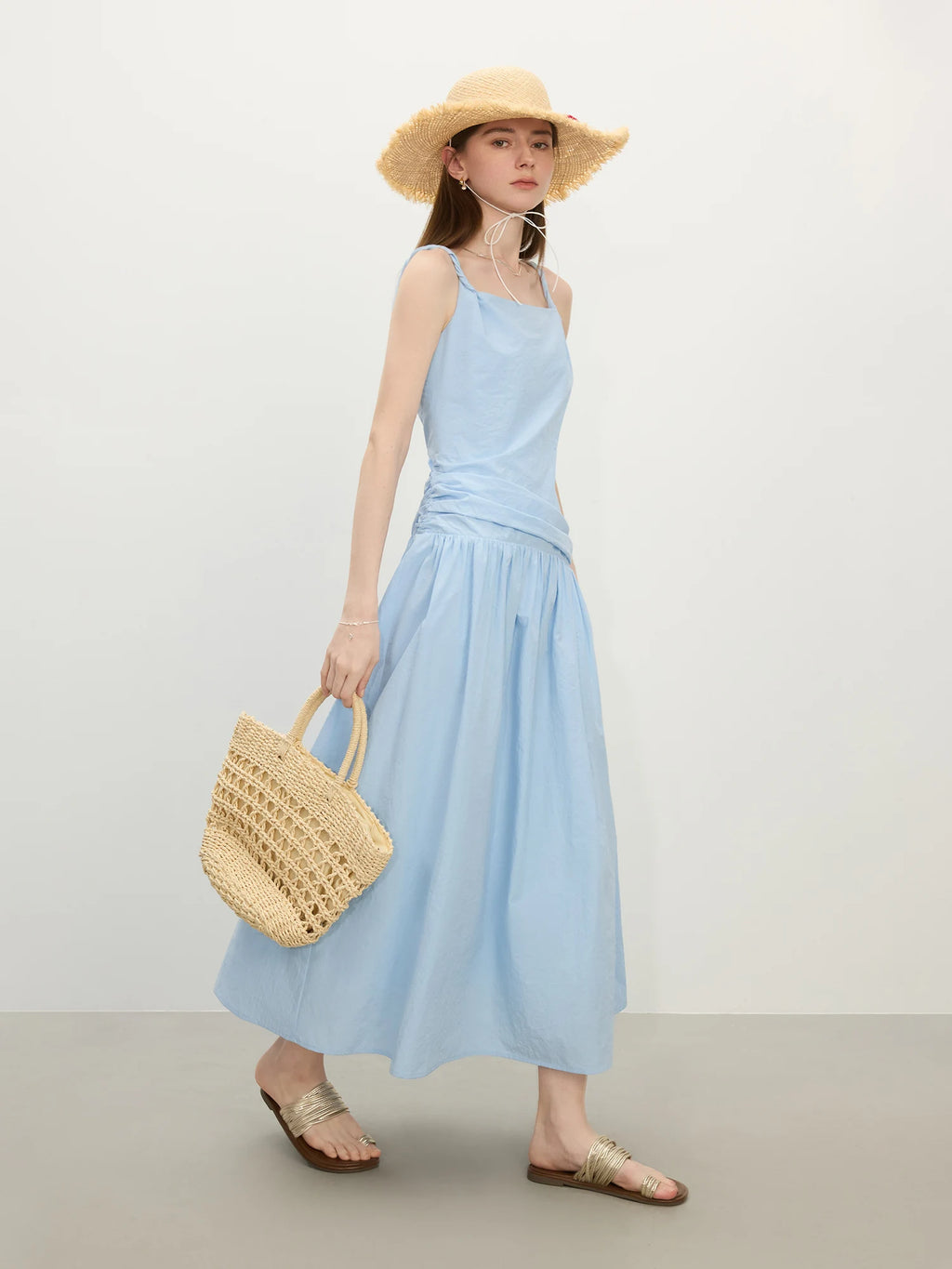 FSLE Elegant Pleated Off-Shoulder Strap Long Dress 2025 Summer New Romantic Slimming Gown for Women