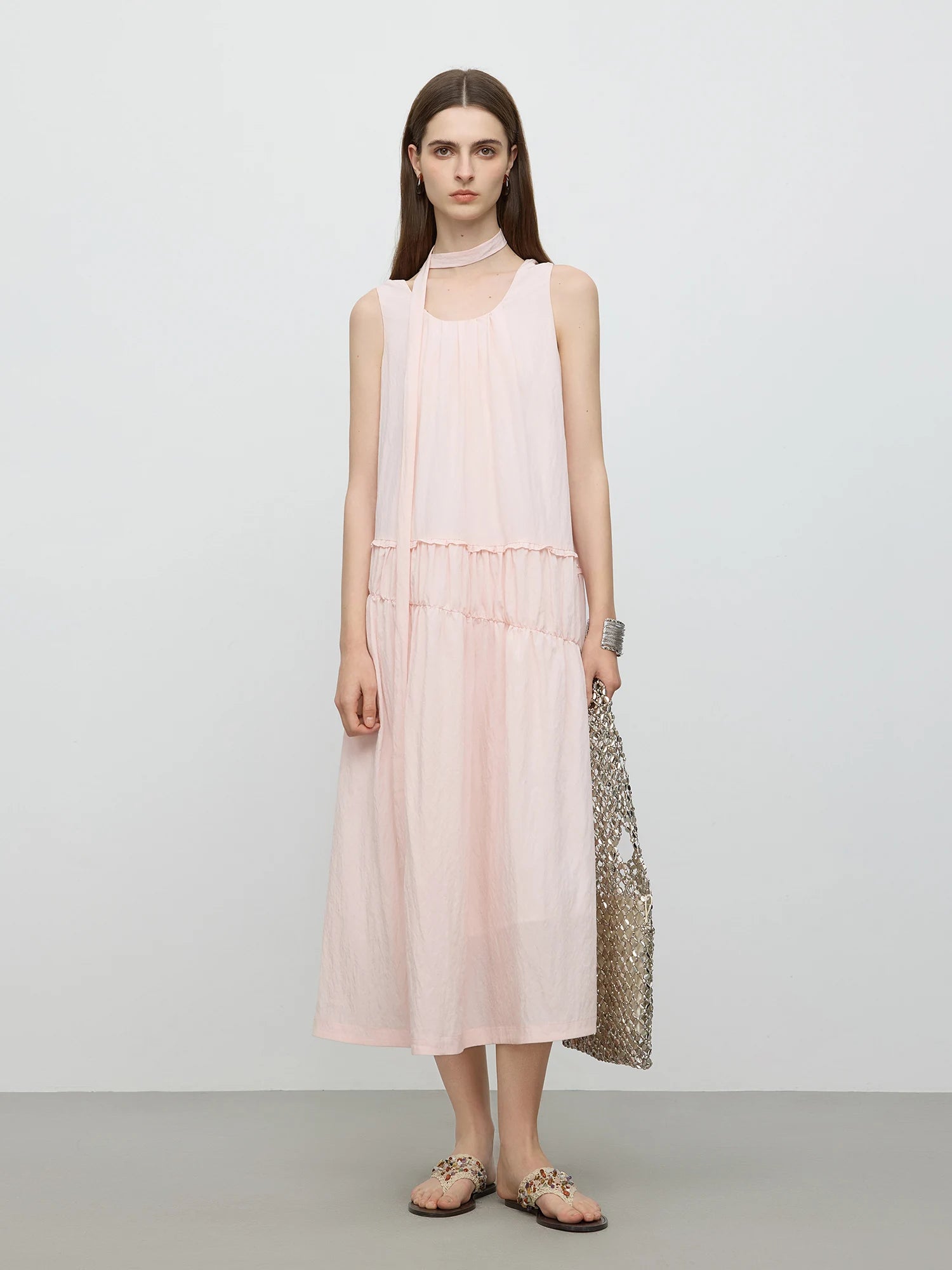 FSLE 【Premium Series】 Twisted Straps Flowing Dress - 2025 Summer New Collection Pink Sweet Dresses