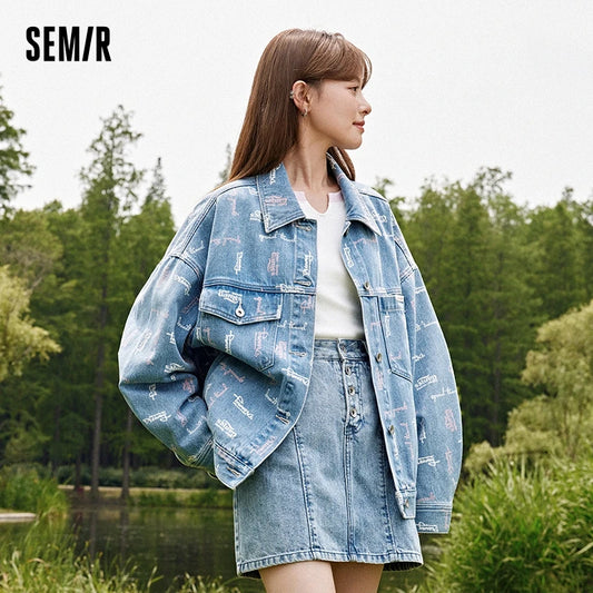 Semir Denim Jacket Women Full Print 2023 New Autumn Loose Trendy Jacket