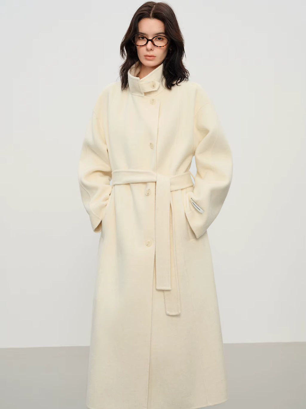 2025 New Women's Elegant Stand Collar 100% Wool Double-Faced Long Coat Diamond-Shaped Tailoring Autumn Winter Outerwear