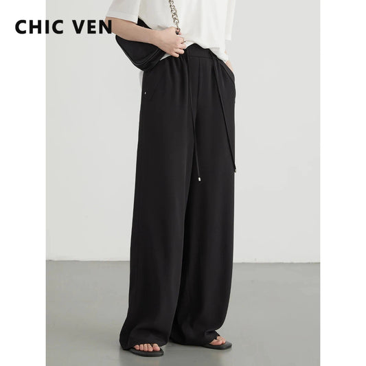 CHIC VEN Women Pants Loose New Elastic High Waisted Wide Leg Pant  Cool Casual Female Trousers Summer 2024