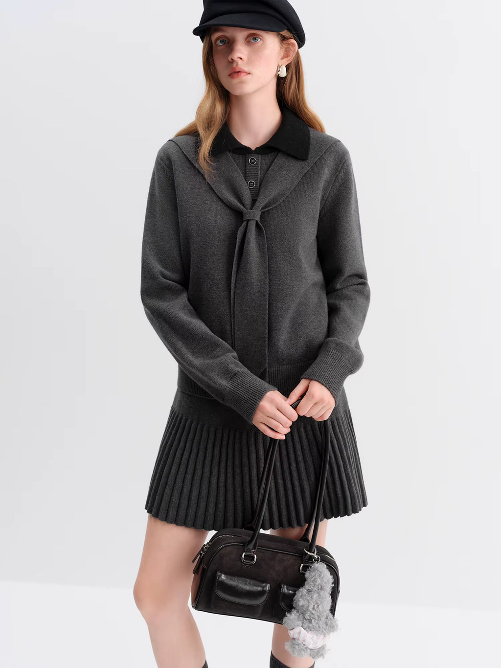 Gray College Style Two-piece Knitted Sweater Suit for Women Pullovers Mini Pleated Skirts 2025 Autumn and Winter New Style