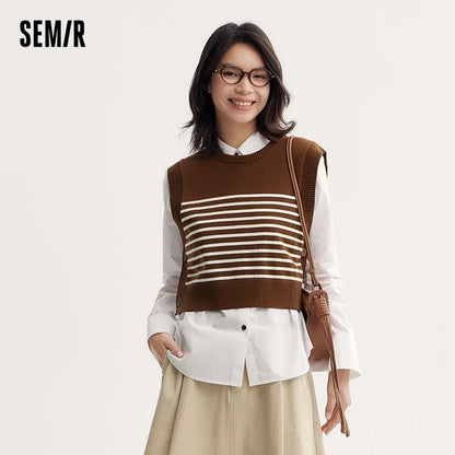 Semir Sweater Women Striped Vest Solid Color Shirt 2024 Autumn New Loose Two-Piece Pullover Sweater