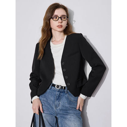 TOYOUTH Women Blazer 2024 Autumn Winter New Elegant V-neck Single Breasted Button Short Style Cardigan Jacket