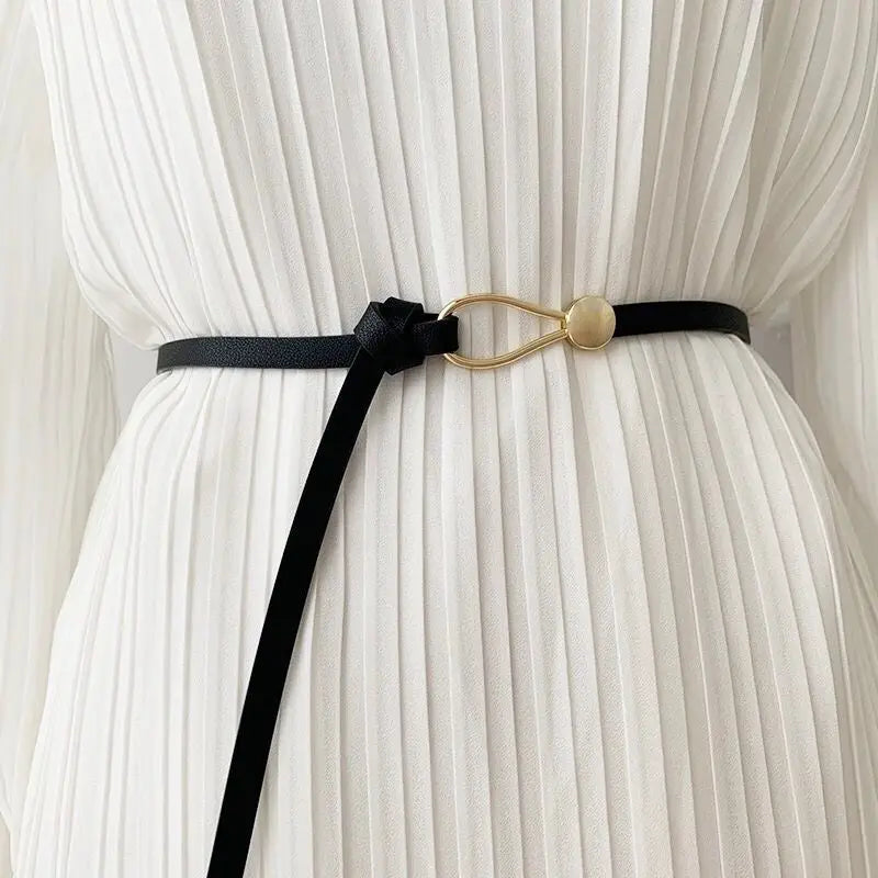 Luxury Brand Women Belts Thin Golden Buckle PU Leather Strap For Dress Trousers Casual Black Ladies Female Designer Waistband