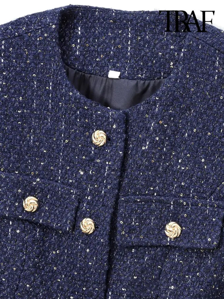 TRAF-Women's Tweed Waistcoat with Belt, O Neck, Sleeveless, Front Button, Female Outerwear, Chic Tops, Fashion