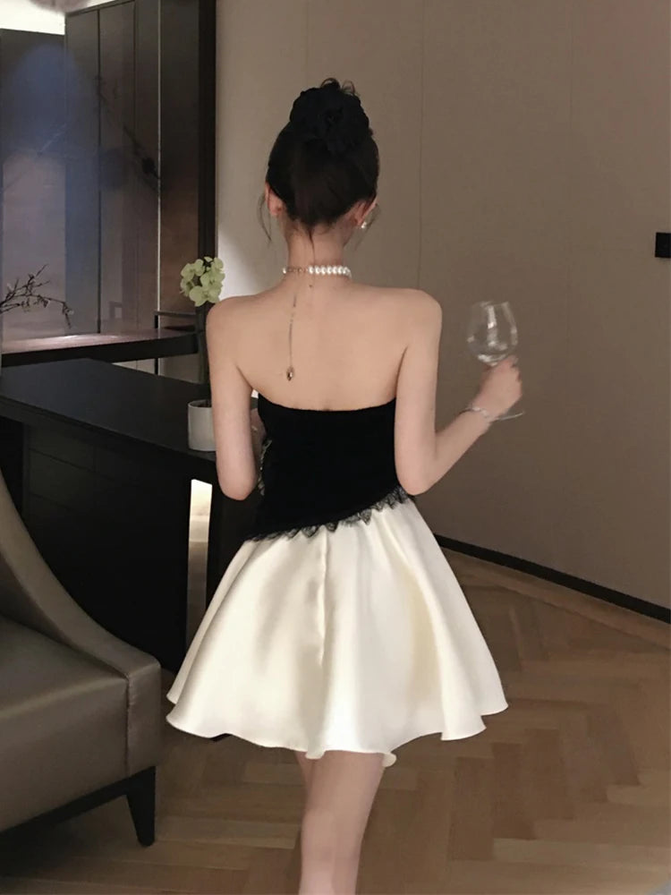 REDDACHiC Pearl Halter Mini Evening Dress Women Satin Stitch Lace Trim Ruffle Puffy Princess Dress Birthday Party Formal Clothes