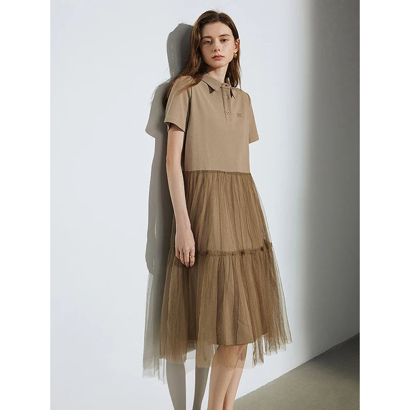 TOYOUTH Women Dresss 2024 Summer New POLO Collar Loose Fitting Mesh Patchwork Skirt