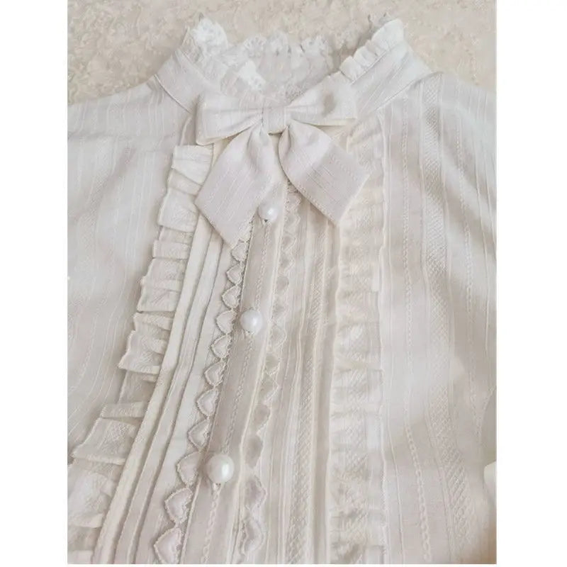 QWEEK Lace White Shirt Women Lolita Style Gigot Sleeve Beautiful Blouses Japanese Long Sleeve Ruffle Pleated Tops Kawaii Clothes