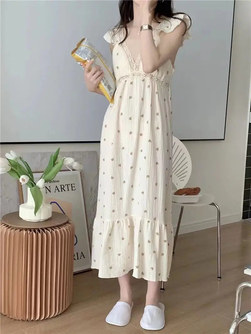 Cute Pajamas Summer Bear New Slip Dress Pajamas Women's Home Clothes Pyjamas Bathrobe Cotton Nightie The Nightgown Sexy Sleeping