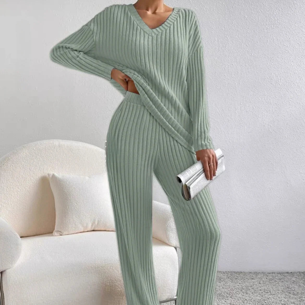 Women's Pajamas Autumn Winter New Casual Straight Pants Pullover Sleepwear Loose V Neck Knitted Home Wear Two Piece Loungewear